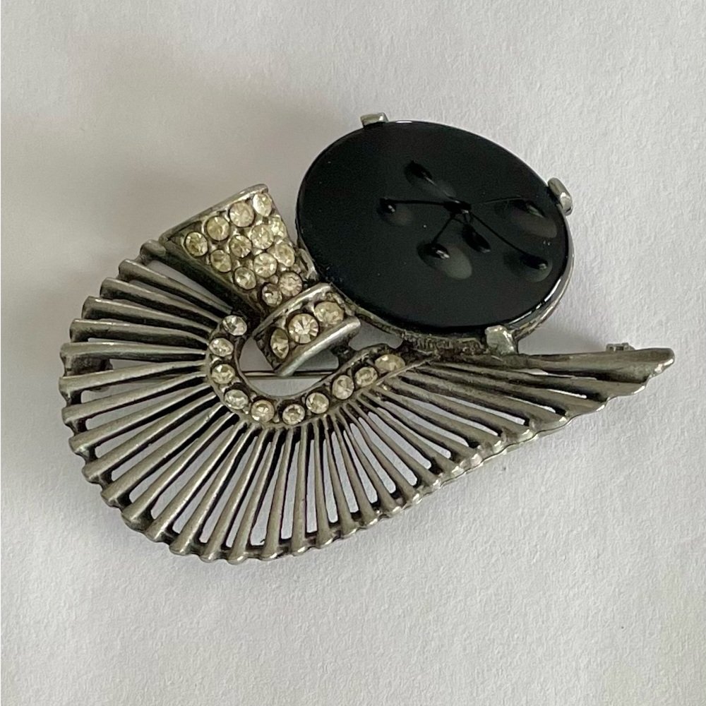 Vintage Signed Lazuli Art Deco Brooch Glass Silver And Rhinestones